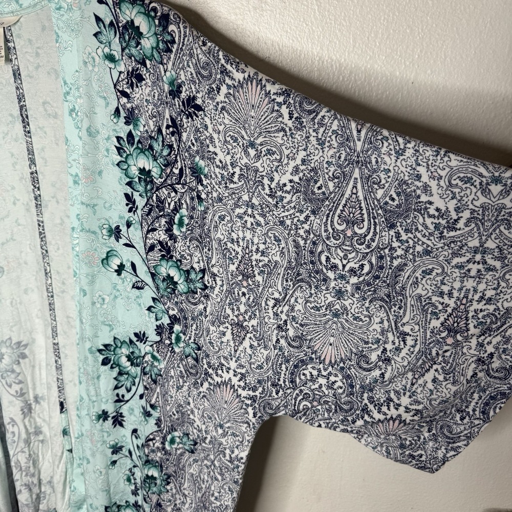 Soma Short Kimono Robe Women's Medium Blue Floral Open Front Rayon Cardigan - Picture 4 of 9